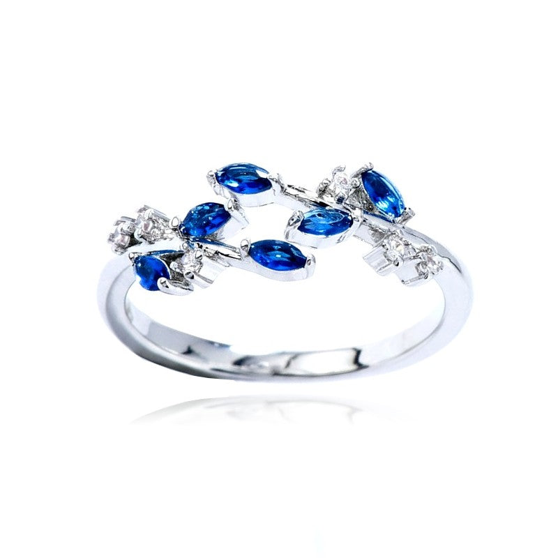 Bague Femme Réglable Feuilles Oxydes Bleu & Blanc – Plaqué Or 1 Micron