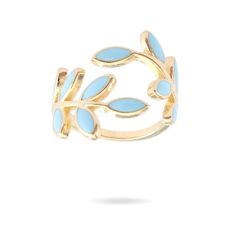 Bague Femme Réglable Pétales Fleur Émail Bleu Ciel – Plaqué Or 1 Micron