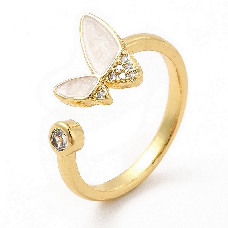 Bague Dorée Papillon Nacre & Strass – Réglable | Plaquage Or 1 Micron