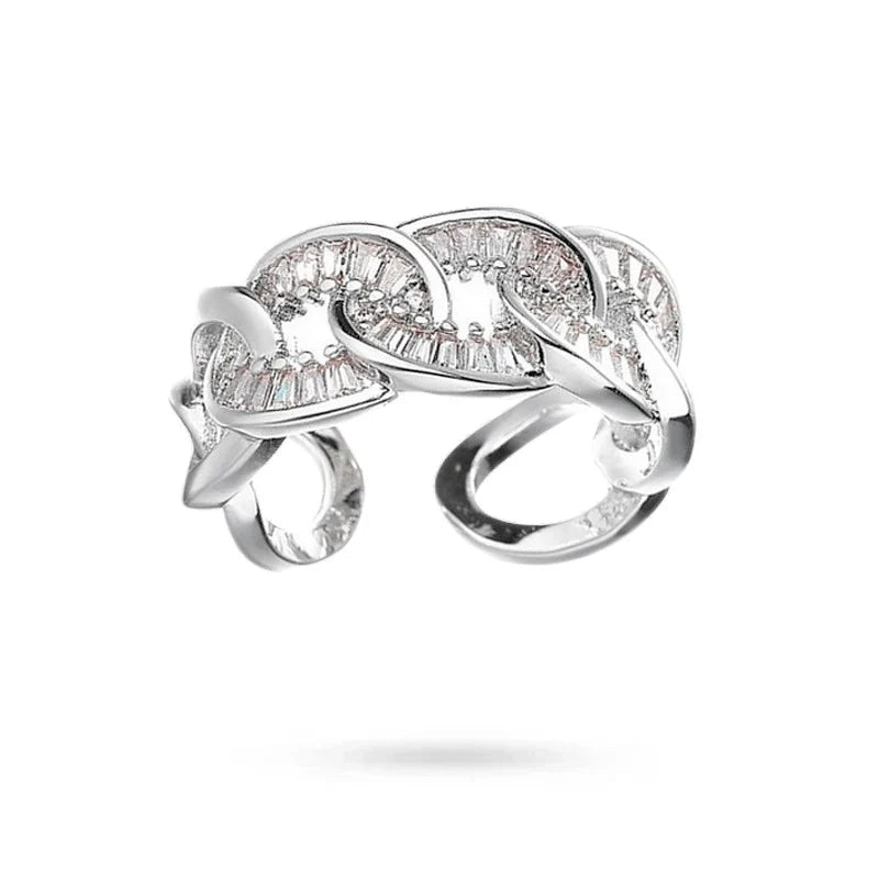 Bague Femme Réglable Maille Gourmette Zirconiums Sertis – Dorée Rhodié