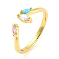 Bague Femme Réglable 3 Zirconiums Rose Bleu et Blanc – Plaquage Or