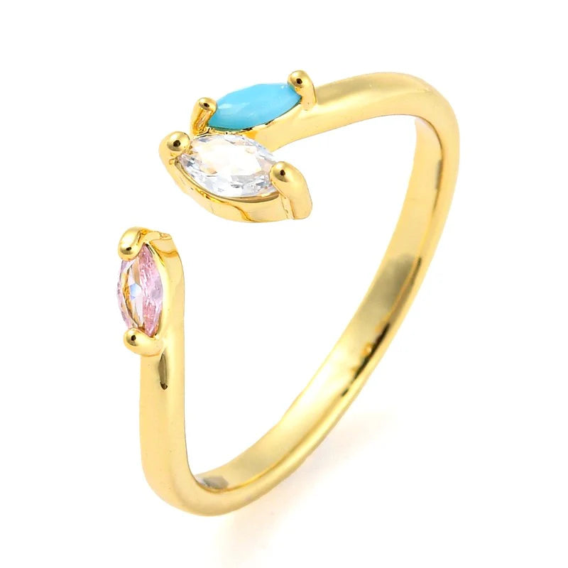 Bague Femme Réglable 3 Zirconiums Rose Bleu et Blanc – Plaquage Or