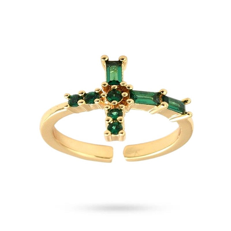 Bague Femme Réglable Croix Zirconiums Verts – Plaquage Or