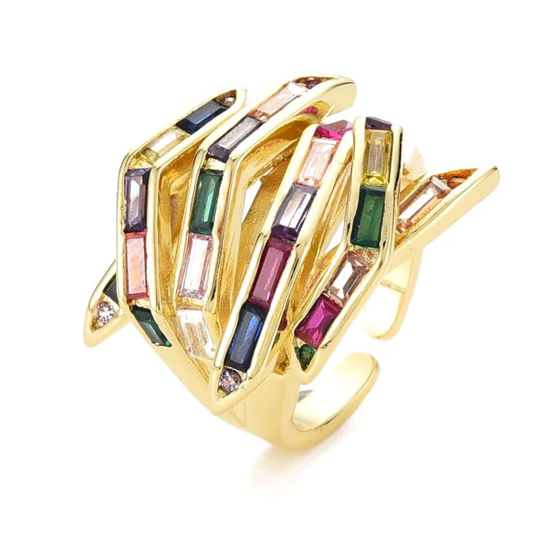 Bague Femme Réglable Forme Originale Zirconiums Colorés – Plaquage Or