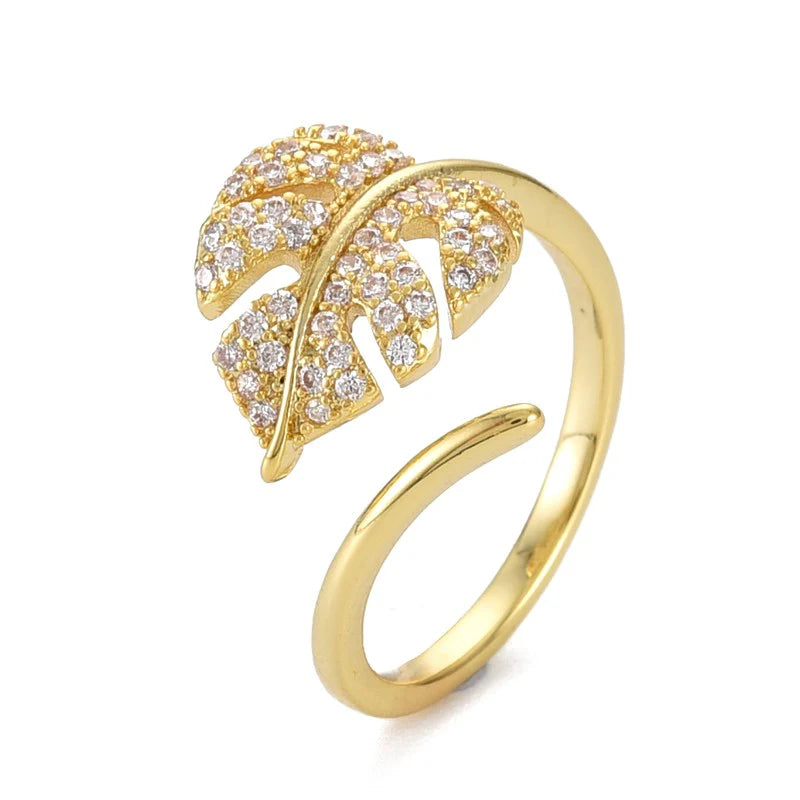 Bague Dorée Feuille Diamant CZ Réglable – Plaquage Or 1 Micron