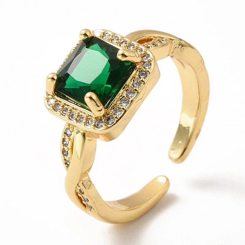 Bague Dorée Diamant CZ Vert – Réglable | Plaquage Or 1 Micron