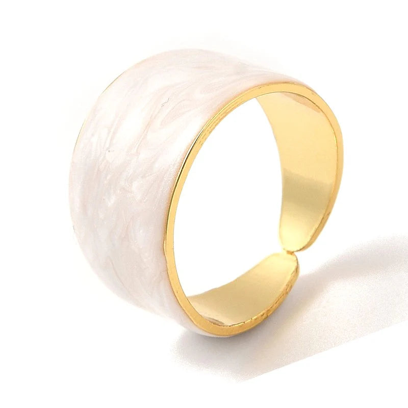 Bague Femme Réglable Large Émail Blanc – Plaquage Or