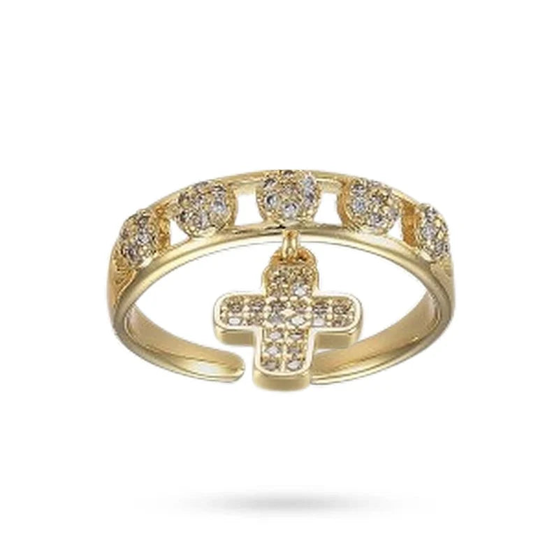 Bague Femme Réglable Breloque Croix Zirconiums Sertis – Plaquage Or