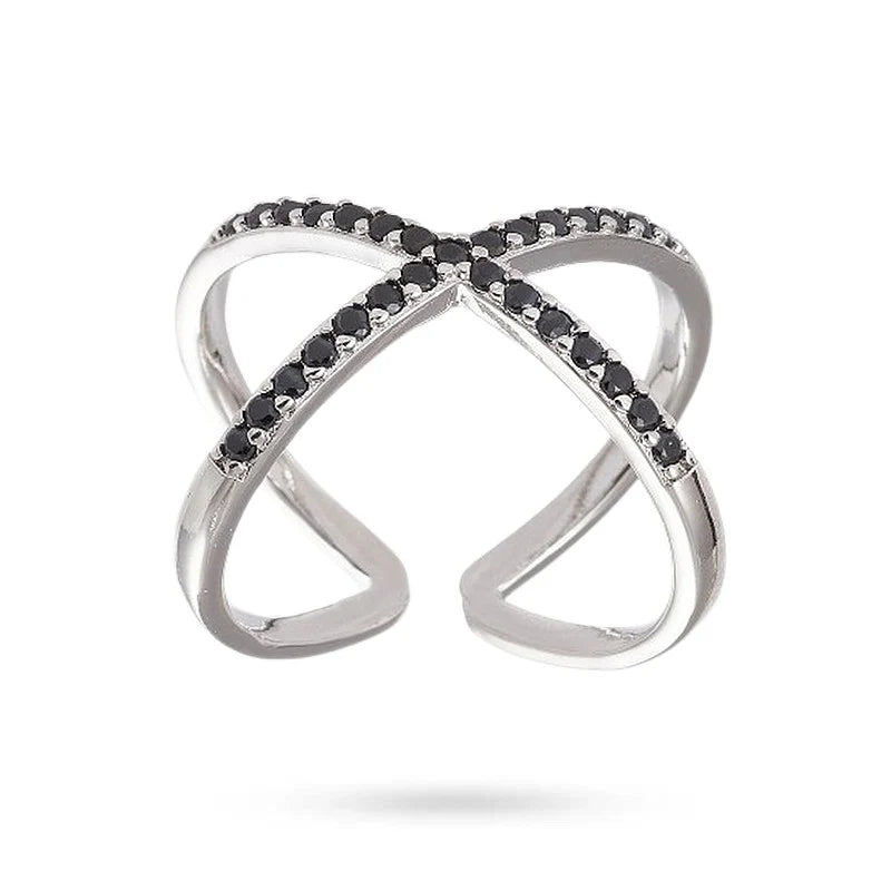 Bague Réglable Femme Entrecroisée – Diamants CZ Noirs Sertis | Plaquage Or