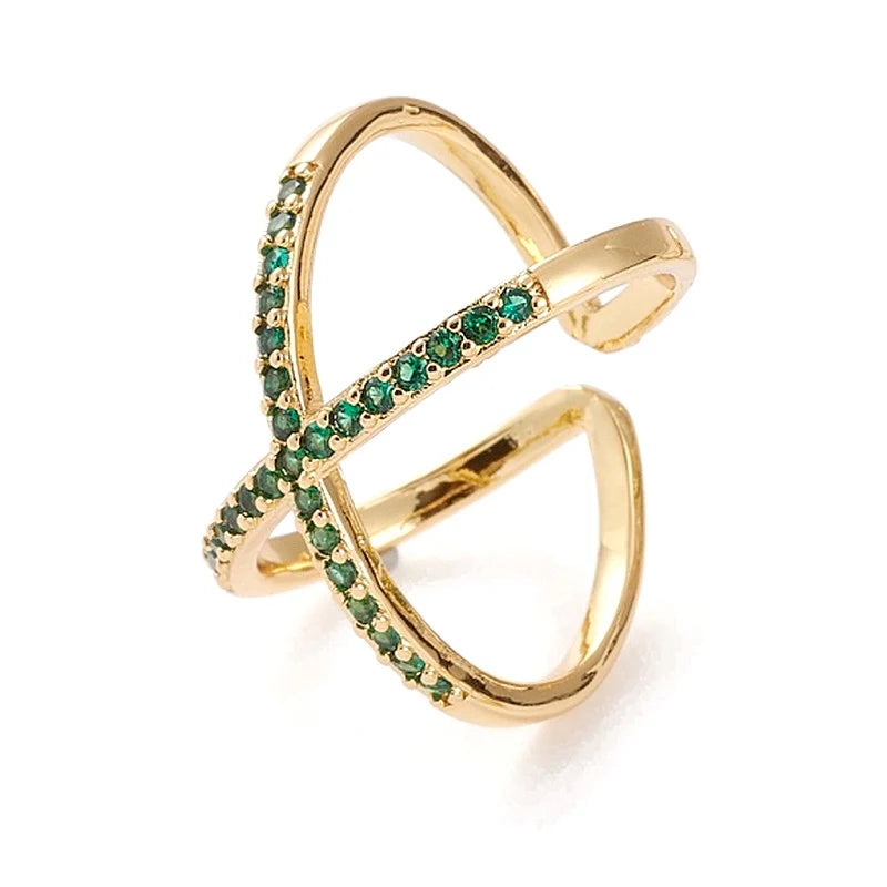 Bague Femme Réglable Entrecroisée Diamants CZ Verts – Plaquage Or