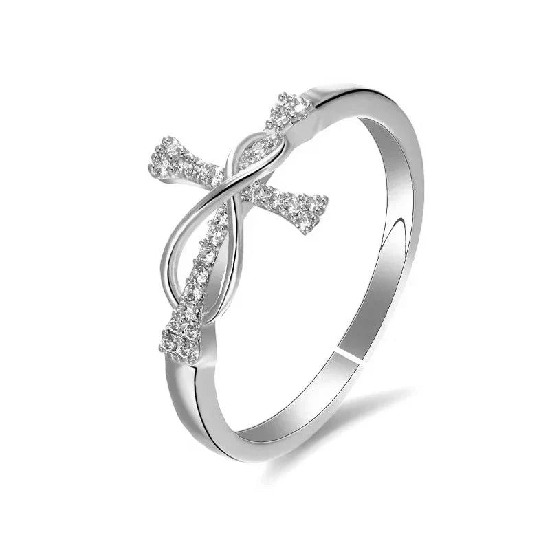 Bague Femme Réglable Croix Infini Zirconiums Blancs – Plaqué Rhodium 1 Micron