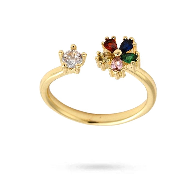 Bague Femme Réglable Fleur Oxydes de Couleurs – Plaqué Or 1 Micron