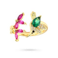 Bague Femme Réglable Oiseau & Fleur Oxydes de Couleurs – Plaqué Or 1 Micron