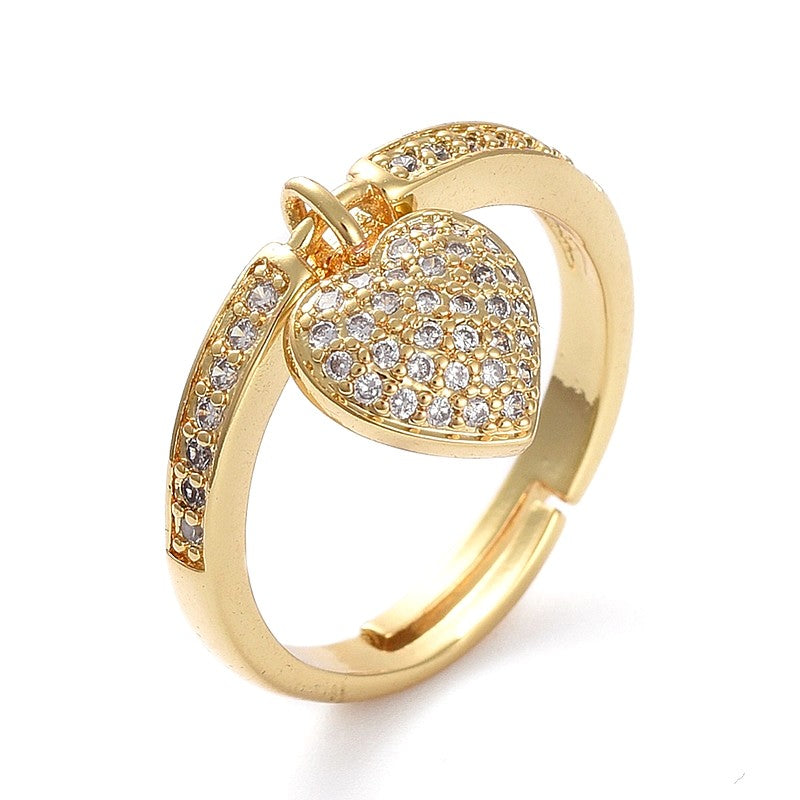 Bague Femme Réglable Breloque Cœur Zirconiums Sertis – Plaquage Or