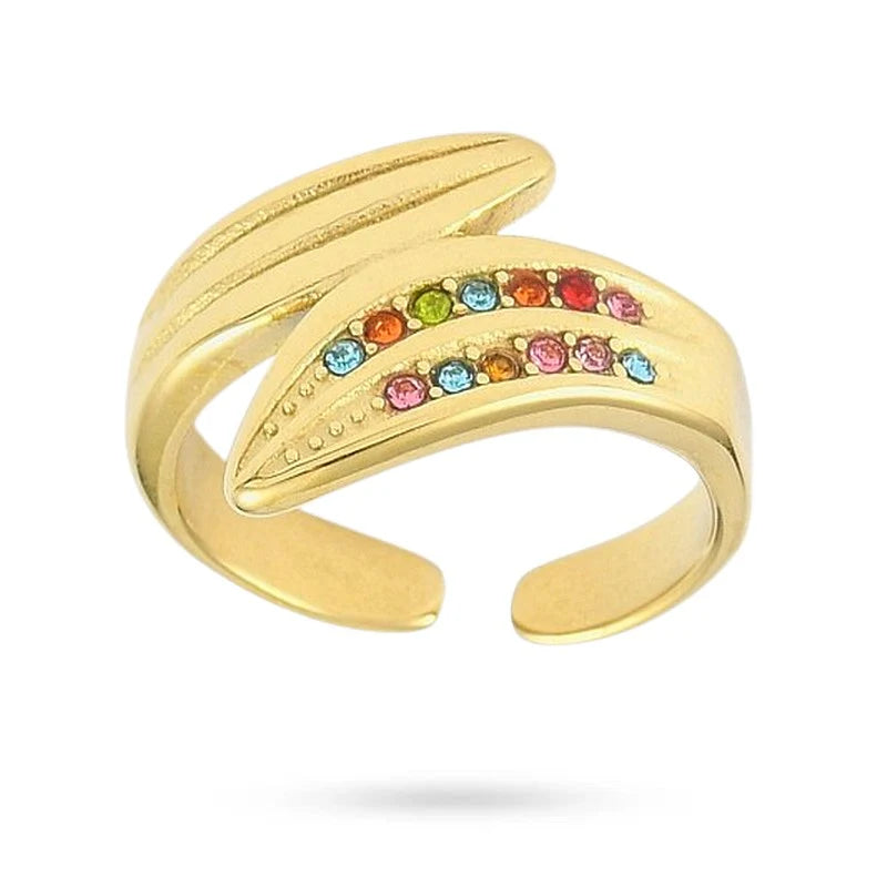 Bague Réglable Femme – Zirconiums Colorés Sertis Étincelants | Plaquage Or