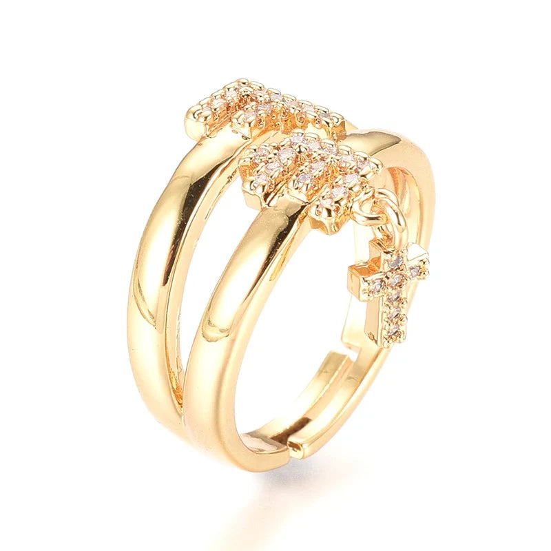 Bague Femme Réglable Breloque Croix Tombante – Plaquage Or