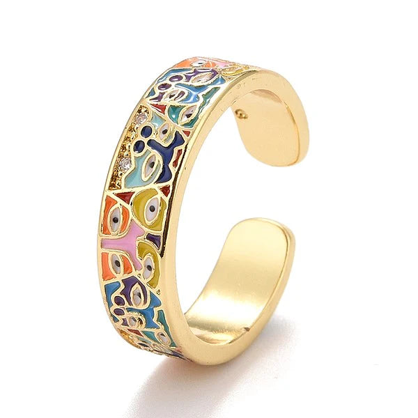 ✨ Bague Dorée Œil Multicolore Réglable – Plaquage Or 1 Micron Haute Qualité | Talisman Coloré & Protection Femme