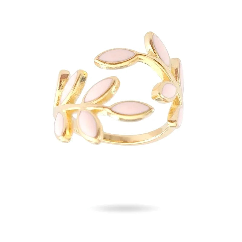 Bague Femme Réglable Pétales Fleur Émail Rose – Plaqué Or 1 Micron