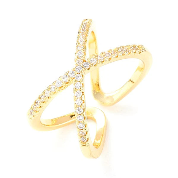 Bague femme réglable croisé de diamant CZ - plaquage or