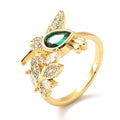 Bague Dorée Oiseau & Zirconium Vert – Réglable | Plaquage Or 1 Micron