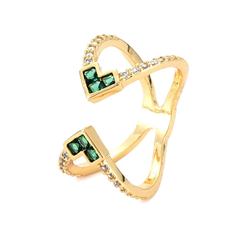 Bague Femme Réglable Zirconiums Vert et Blanc Sertis – Plaquage Or