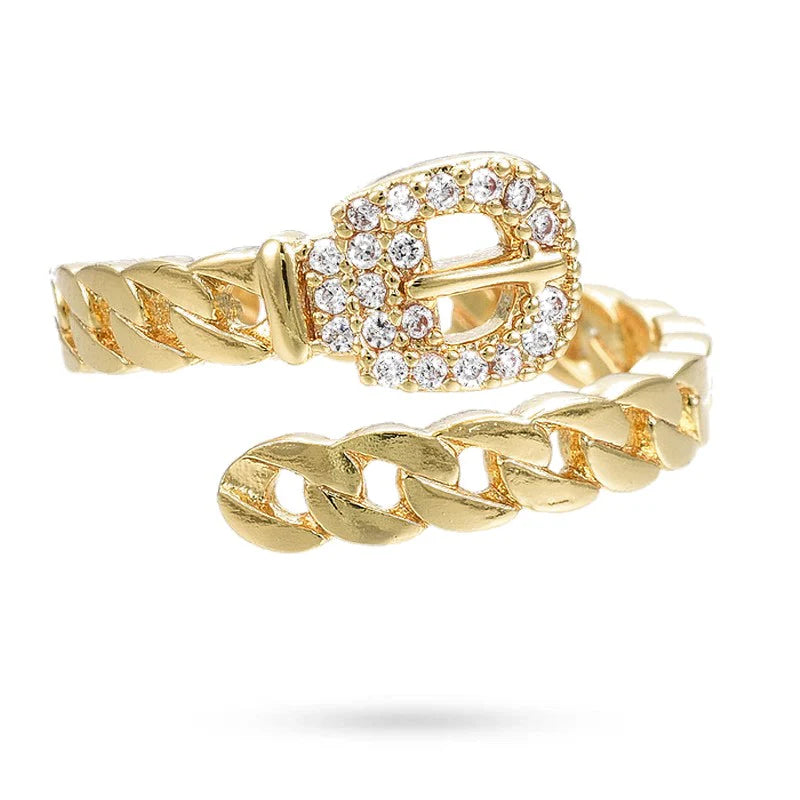 Bague Femme Réglable Ceinture Maille Gourmette Zirconiums Sertis