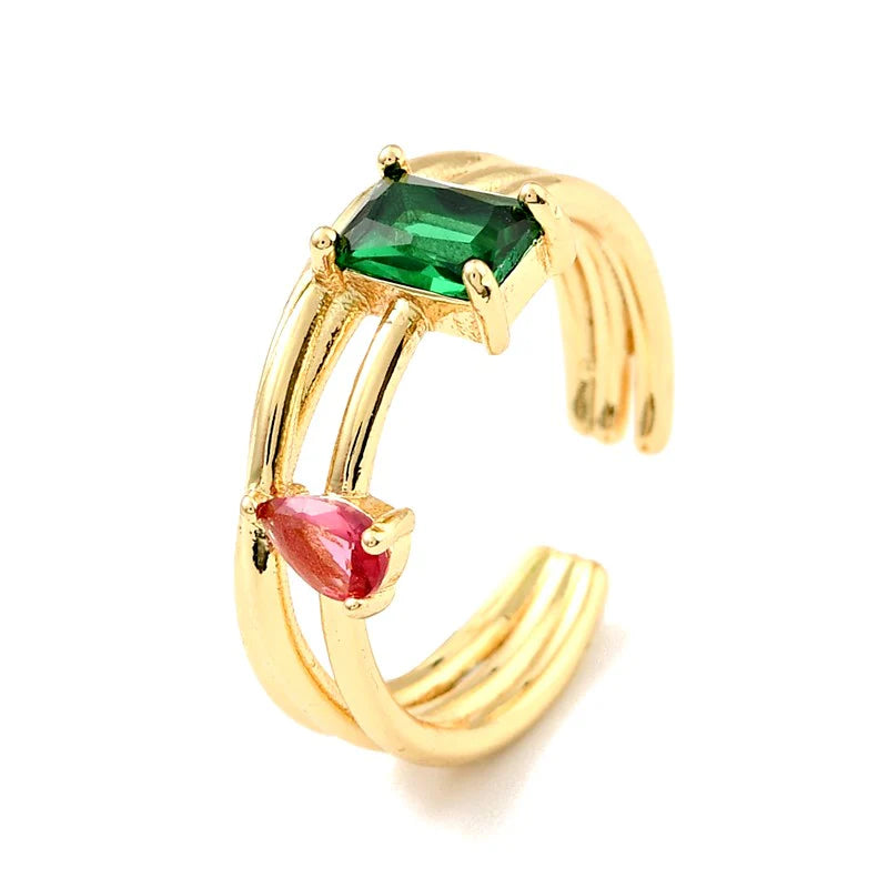 Bague Femme Réglable Deux Diamants CZ Vert et Rose Sertis – Plaquage Or