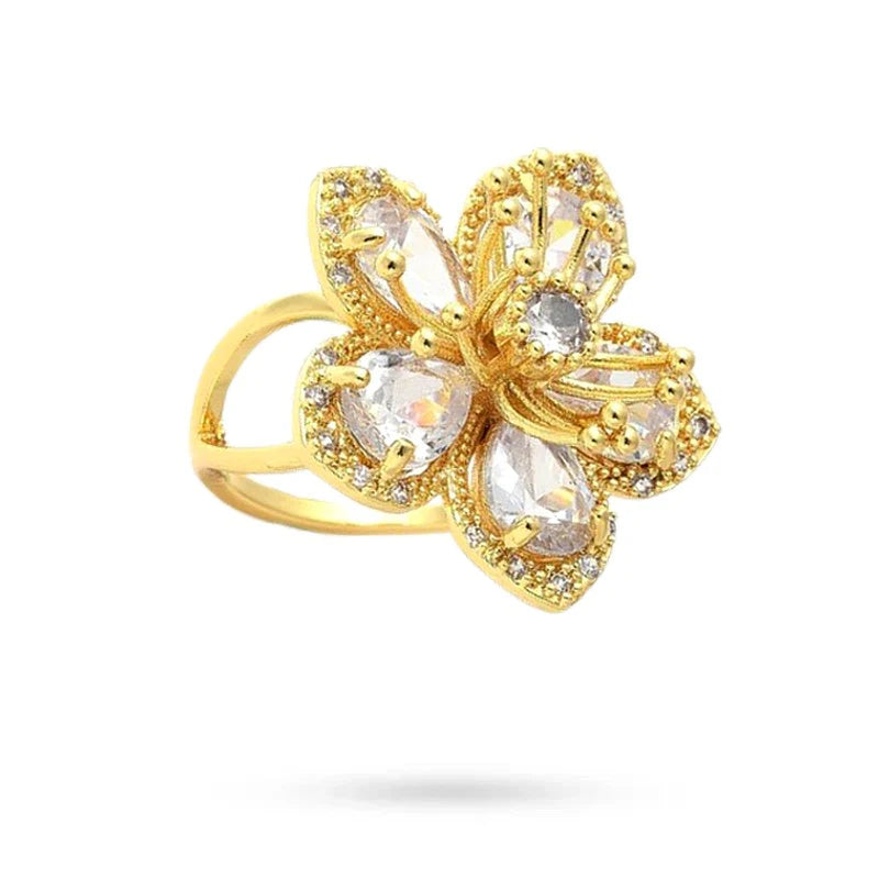 Bague Femme Réglable Grosse Fleur Zirconiums Sertis – Dorée
