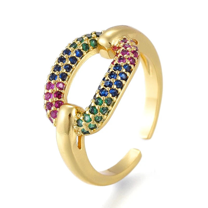 Bague Dorée Réglable Ovale Diamants CZ Couleurs | Plaquage Or 1 Micron