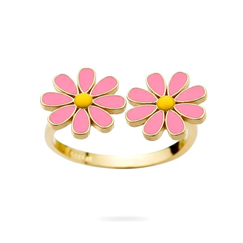 Bague Femme Réglable Fleur Pâquerette Rose – Plaqué Or 1 Micron