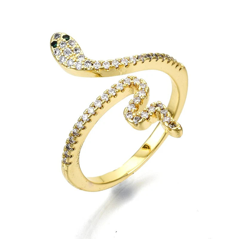 Bague Dorée Réglable Serpent Diamants CZ Yeux Verts | Plaquage Or 1 Micron