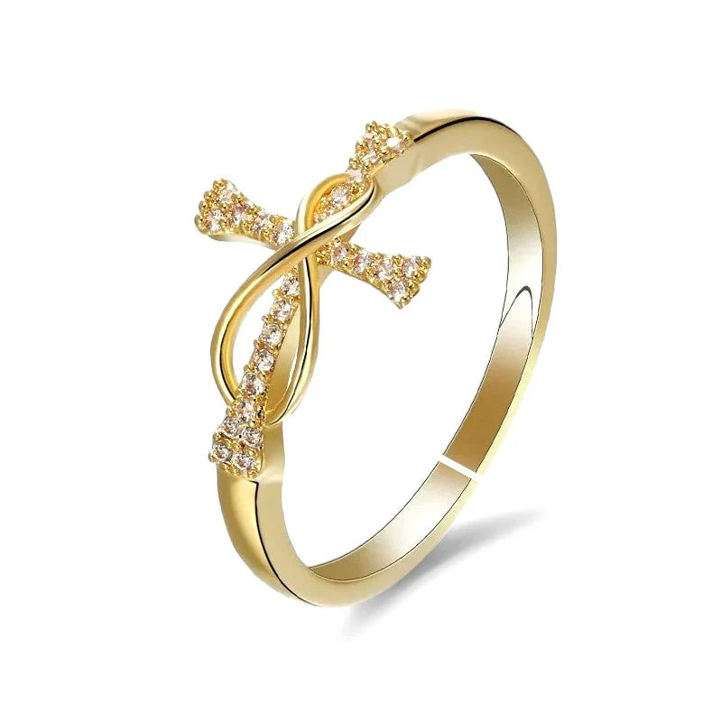 Bague Femme Réglable Croix Infini Zirconiums Blancs – Plaquage Or