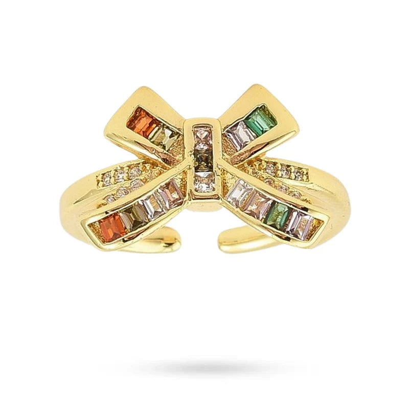Bague Femme Réglable Nœud Zirconiums Multicolores – Dorée