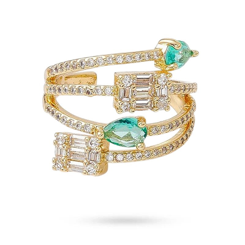 Bague Réglable Femme Larme – Zirconiums Blanc & Vert Sertis | Plaquage Or