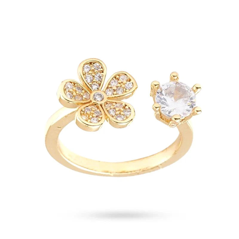 Bague Femme Réglable Fleurs Zirconiums Sertis – Plaquage Or