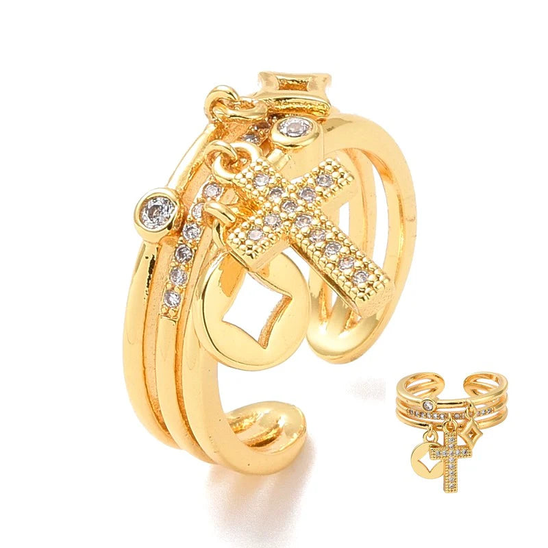 Bague Dorée Breloques Croix Religieuse Réglable – Plaquage Or 1 Micron