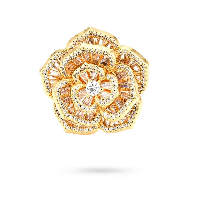Bague Femme Réglable Fleur Oxyde & Diamants CZ – Plaqué Or 1 Micron
