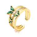 Bague Dorée Papillons Diamants CZ Vert Réglable – Plaquage Or 1 Micron