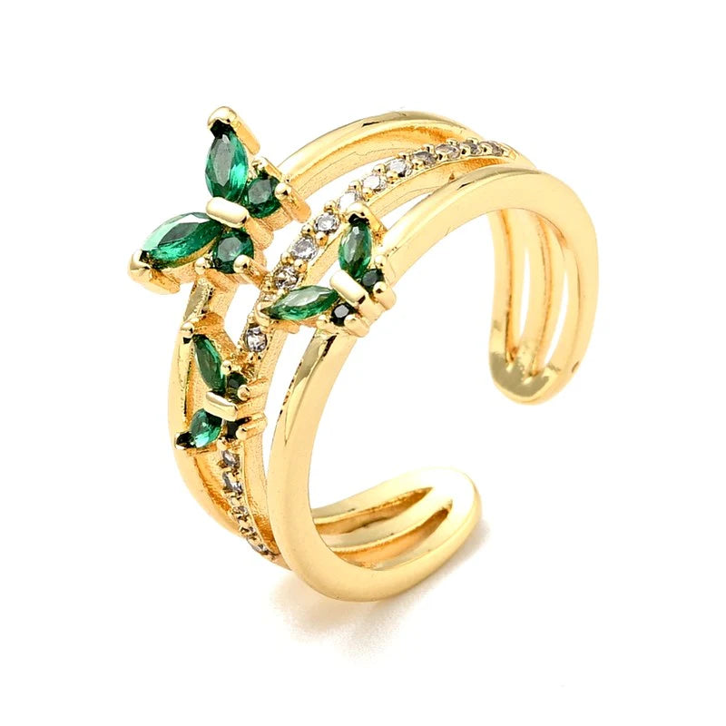 Bague Dorée Papillons Diamants CZ Vert Réglable – Plaquage Or 1 Micron