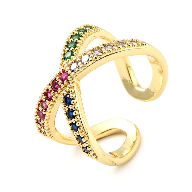 Bague Femme Réglable Entrecroisée Diamants CZ Colorés Sertis – Plaquage Or