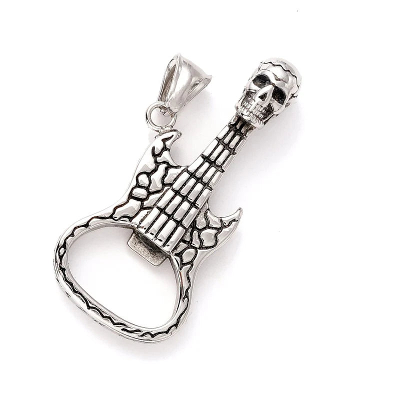 Pendentif Guitare Tête de Mort Argenté | Acier Inoxydable 316 – Rock & Biker