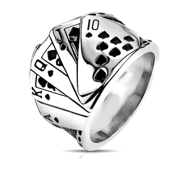 Bague Homme Acier 316 Suite Royale Poker – 5 Cartes Argenté – 17 mm