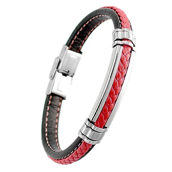 Bracelet Homme Acier 316 Argenté & Cuir Tressé Noir & Rouge – 21 cm