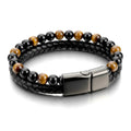 Bracelet Cuir Tressé Œil de Tigre & Acier Inoxydable – 21 cm