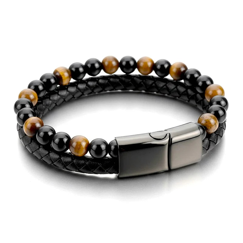 Bracelet Cuir Tressé Œil de Tigre & Acier Inoxydable – 21 cm