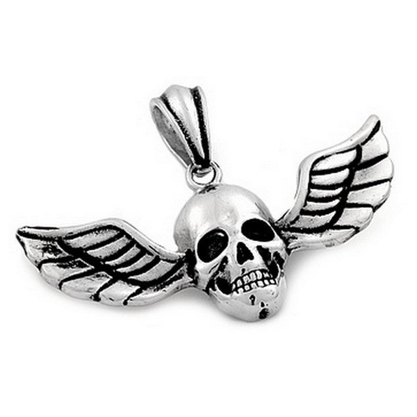 Pendentif Tête de Mort & Ailes Cisélées – Acier 316 Argenté | Gothique Biker