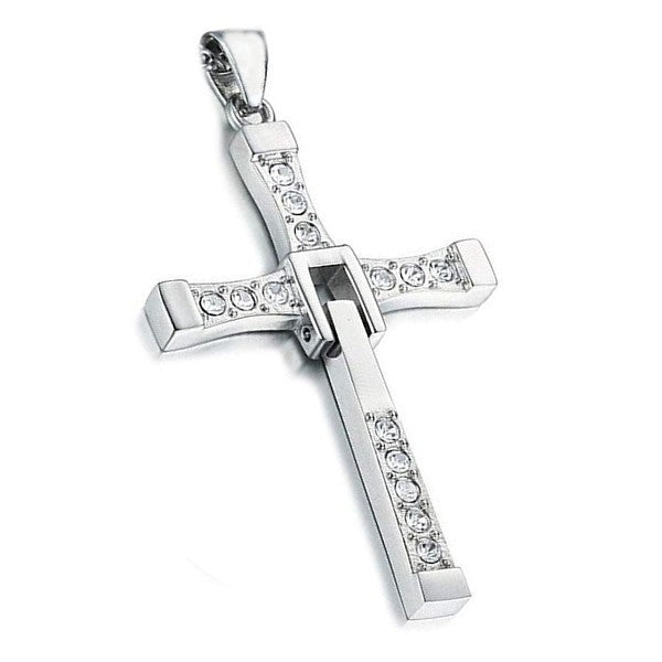 Pendentif Croix Articulée ‘Fast and Furious’ – Acier 316 Argenté & Diamants CZ | XXL 7,2 cm