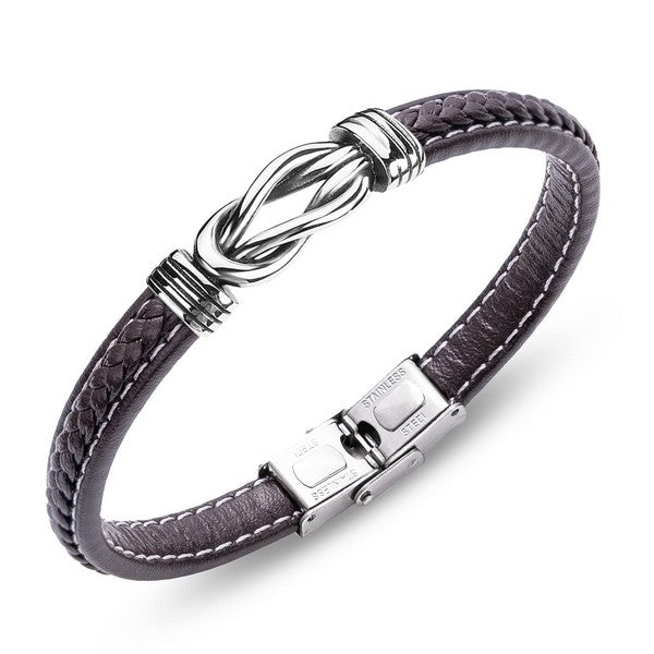 Bracelet Homme Acier Inoxydable & Cuir Tressé Marron – 21 cm