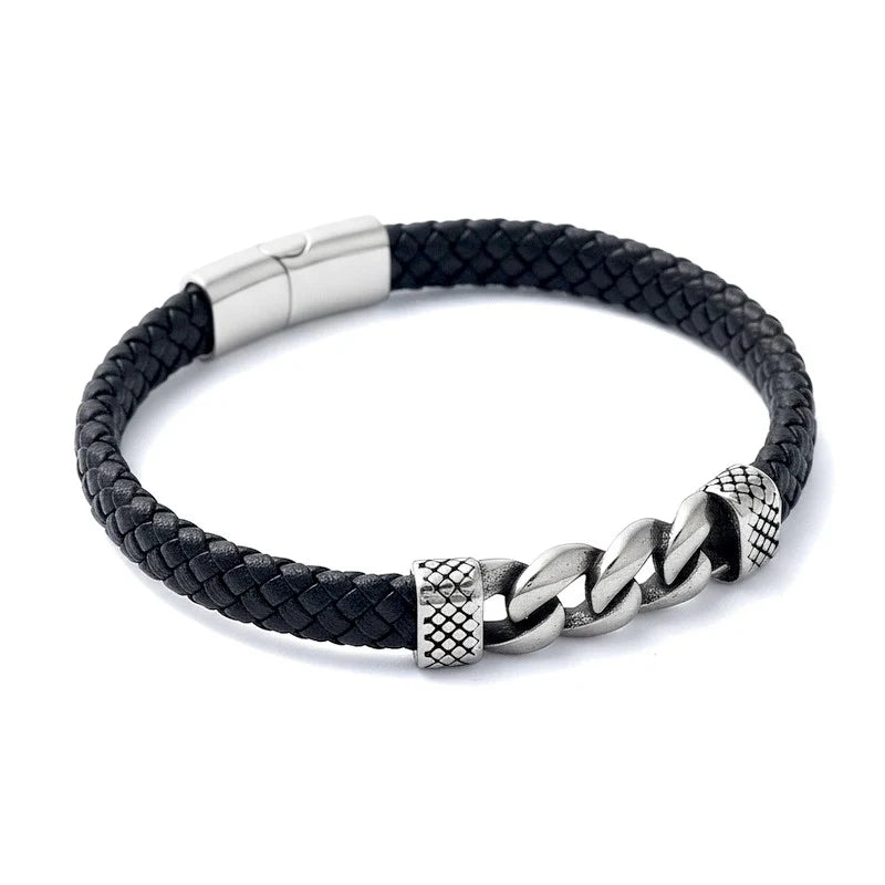 Bracelet Cuir Tressé & Maille Gourmette Acier Inoxydable – 21 cm