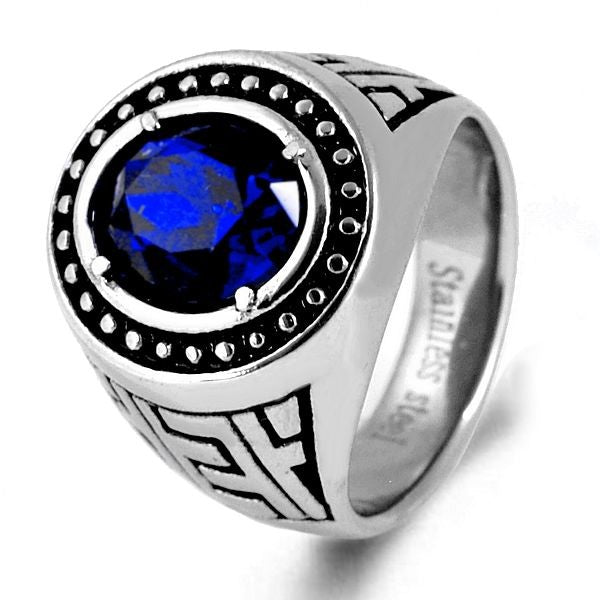 Chevalière Homme Cisélée Pierre Bleue – Acier 316 Argenté